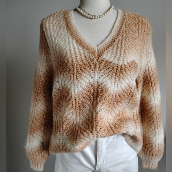 LOFT Wool Blend Chunky V-Neck Tawny Tan Carmel Cream Stripe Sweater Size… - Picture 2 of 15